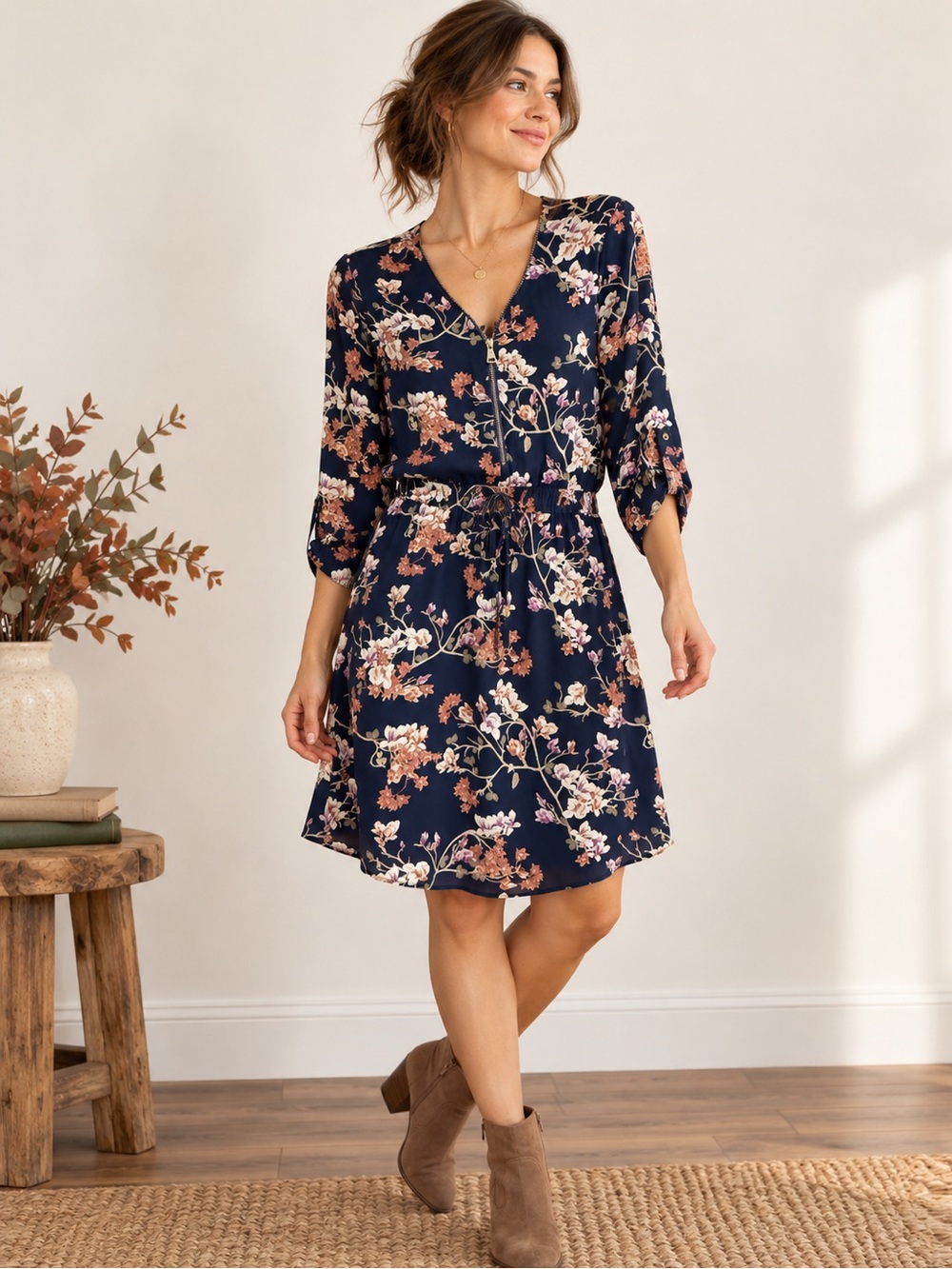 Navy Floral Zip Front Blouson Midi Dress Romantic Boho 1X